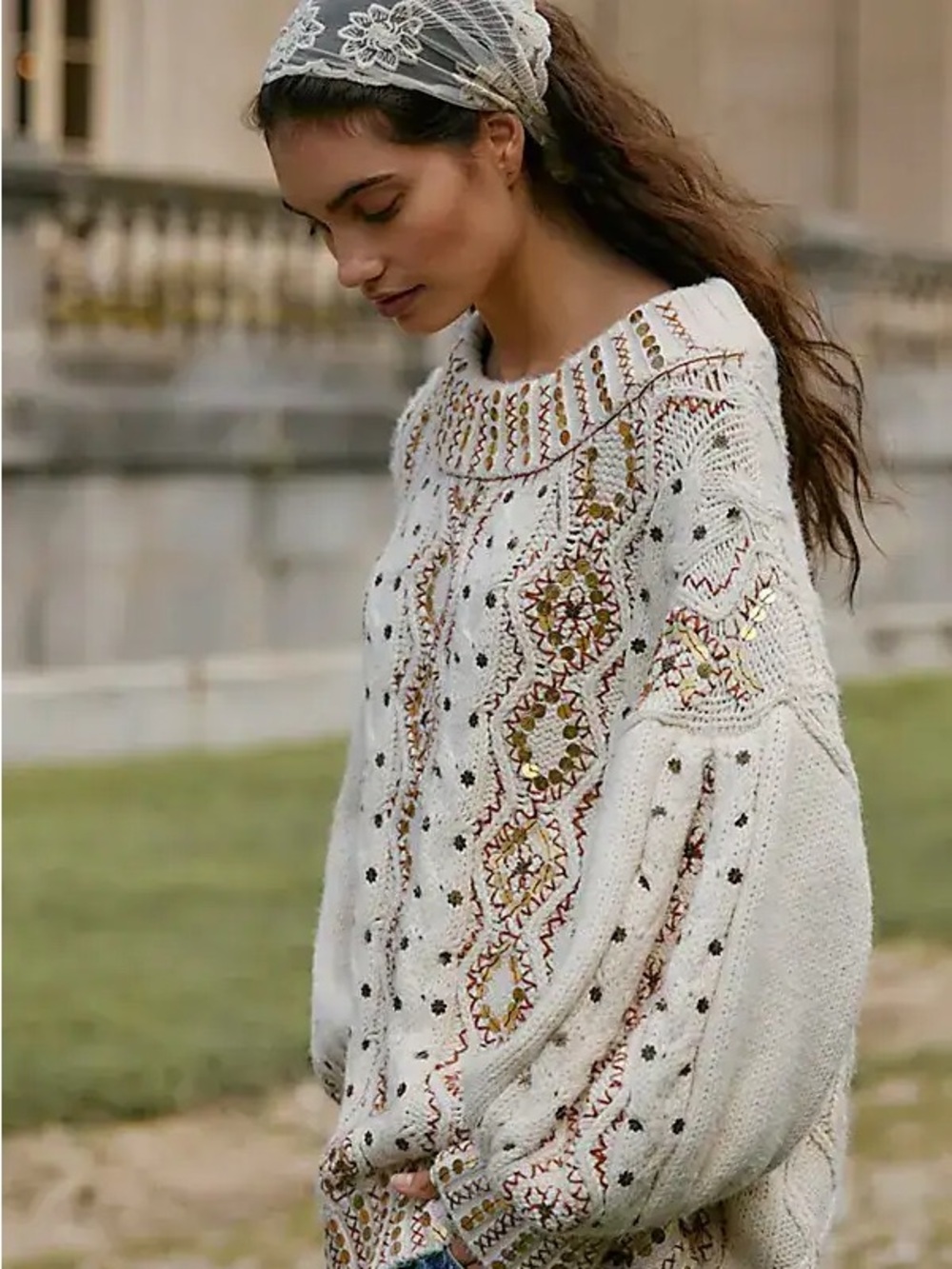 FREE PEOPLE Gilded Cable Embellished Sweater, Size XS